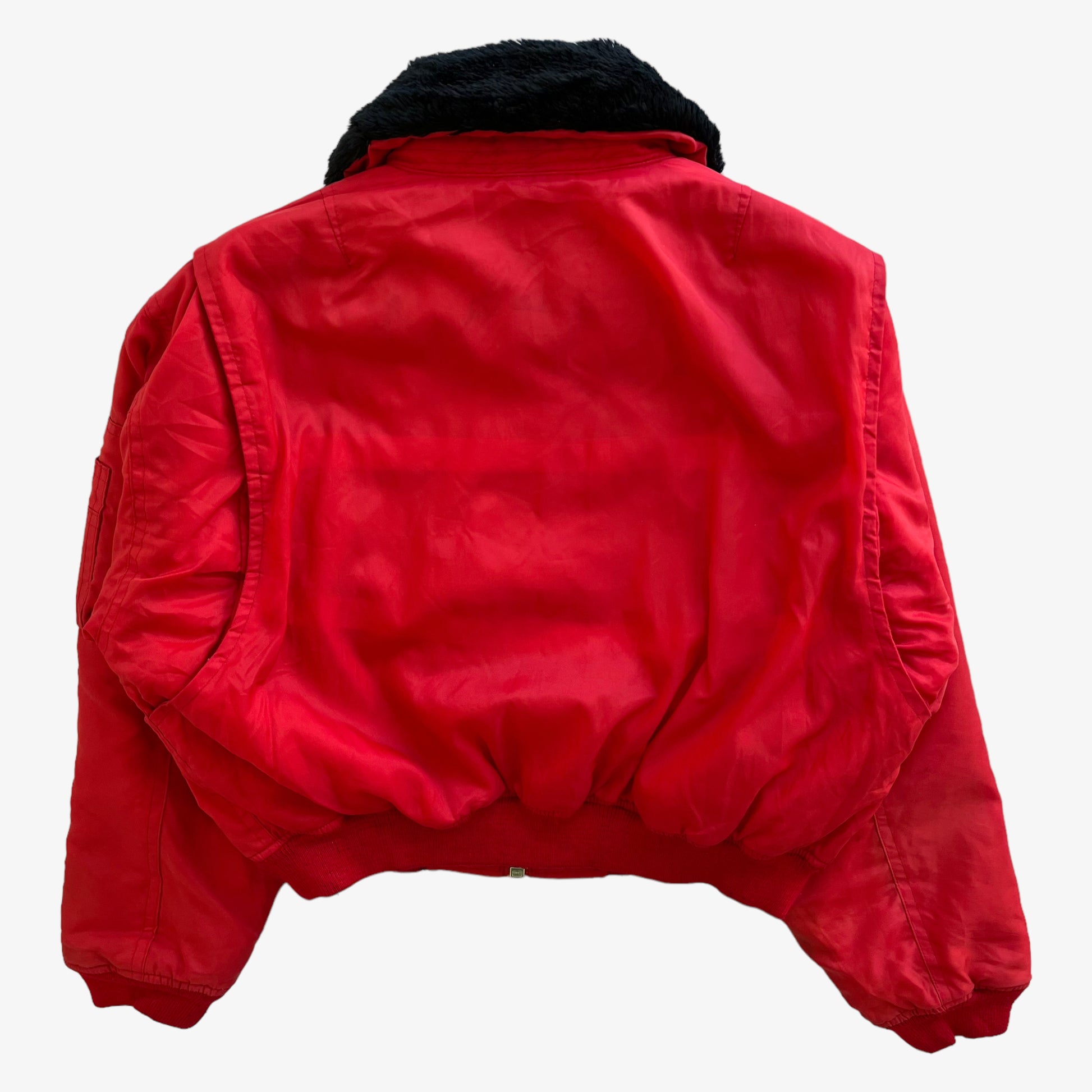 Vintage 90s Mens Last Rebels Red Bomber Jacket With Black Faux Fur Collar Back - Casspios Dream