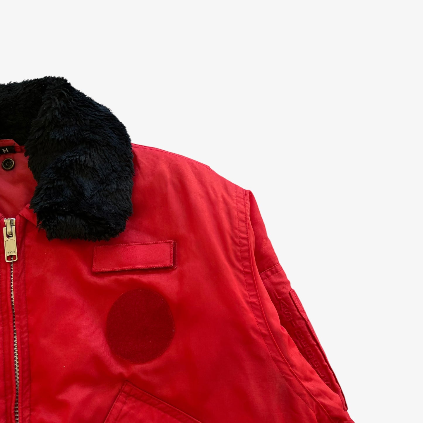 Vintage 90s Mens Last Rebels Red Bomber Jacket With Black Faux Fur Collar Badge - Casspios Dream
