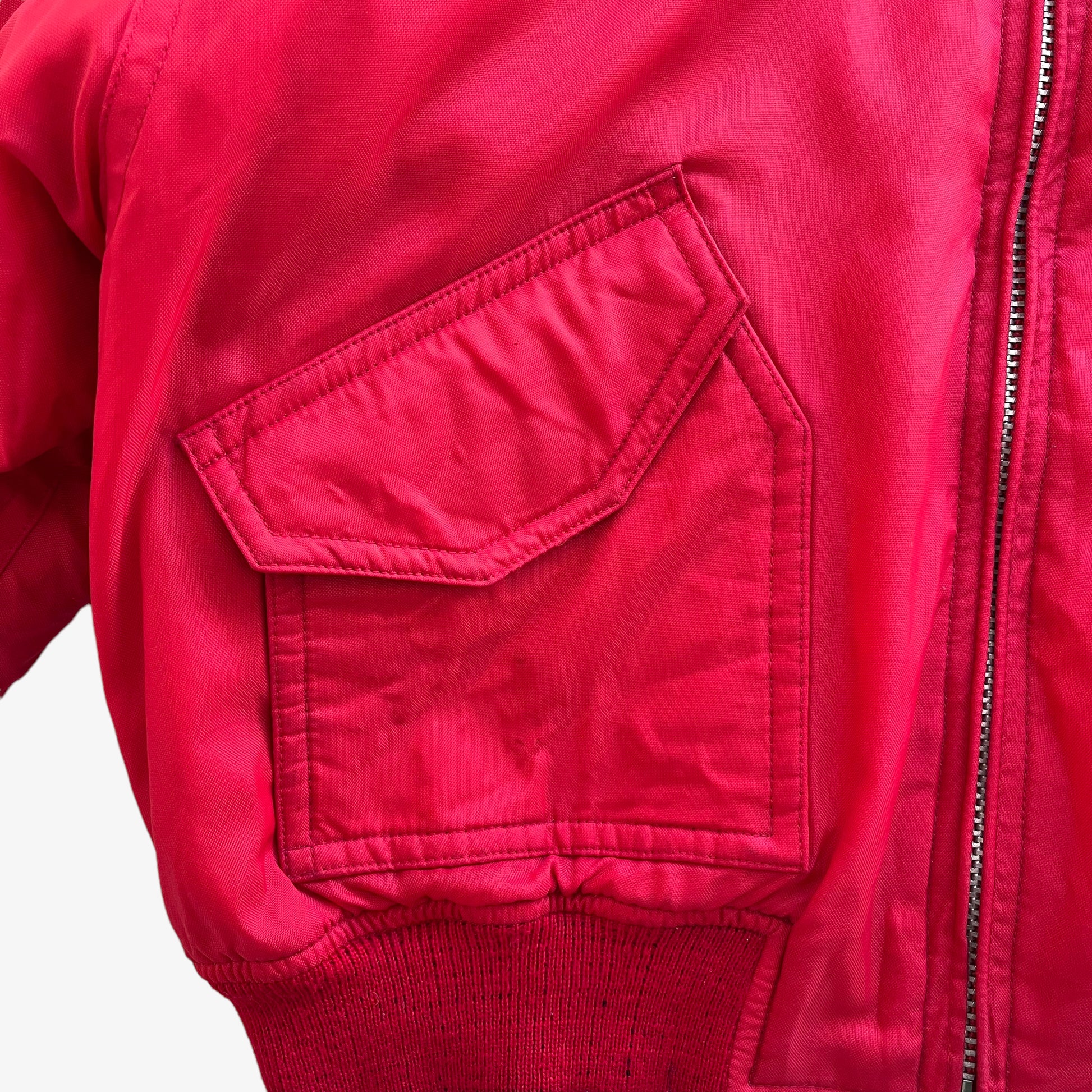 Vintage 90s Mens Last Rebels Red Bomber Jacket With Black Faux Fur Collar Pocket - Casspios Dream