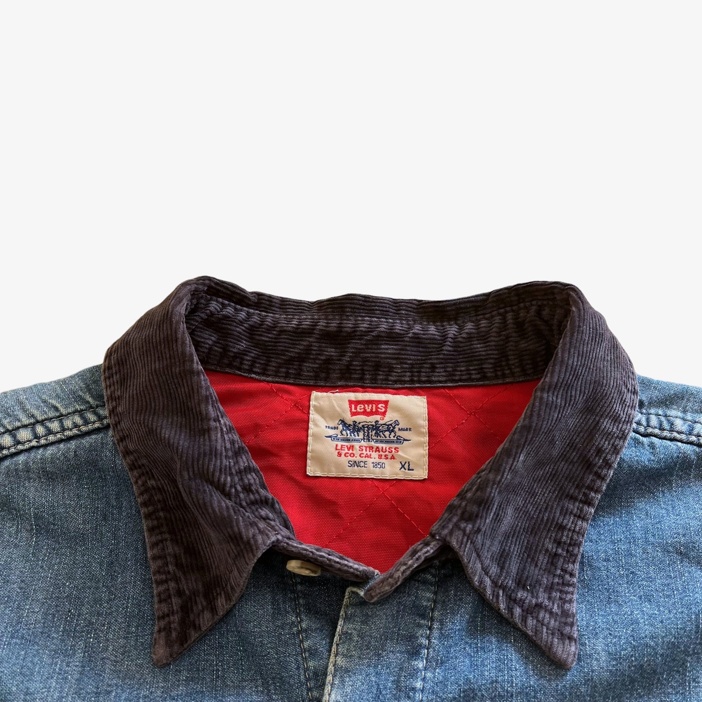 Vintage 90s Mens Levis Denim Long Sleeve Shirt With Black Corduroy Collar Label - Casspios Dream