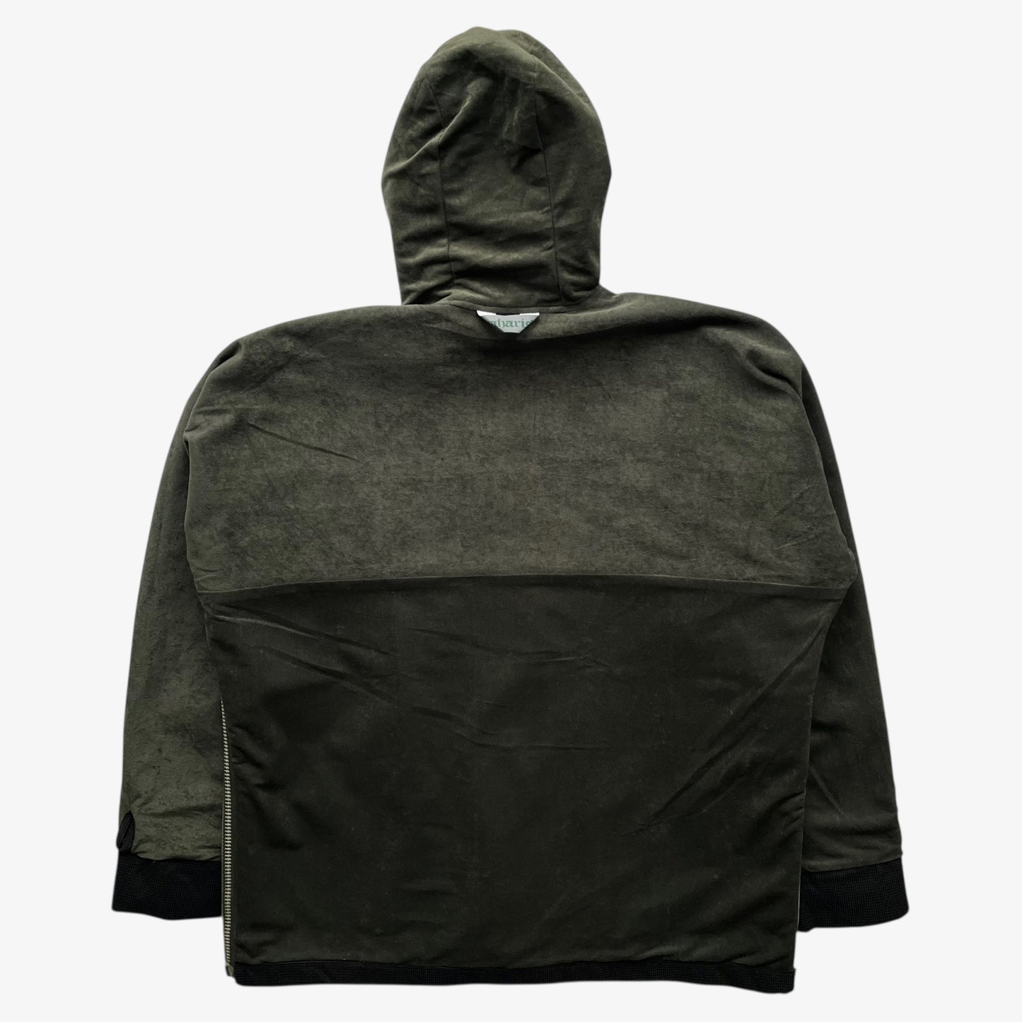 Back of vintage 90s men's Maharishi khaki reversible utility jacket on a white background.