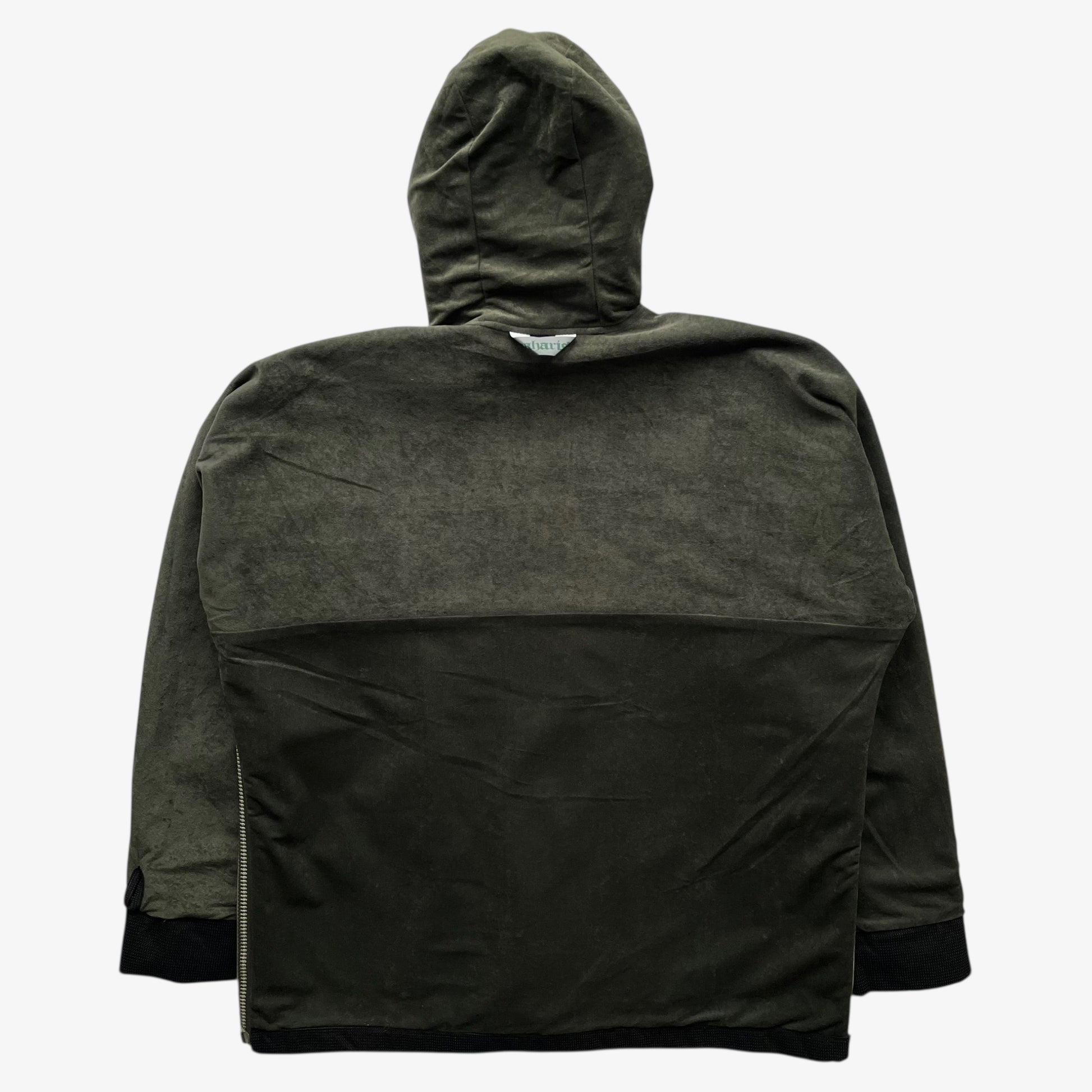 Back of vintage 90s men's Maharishi khaki reversible utility jacket on a white background.