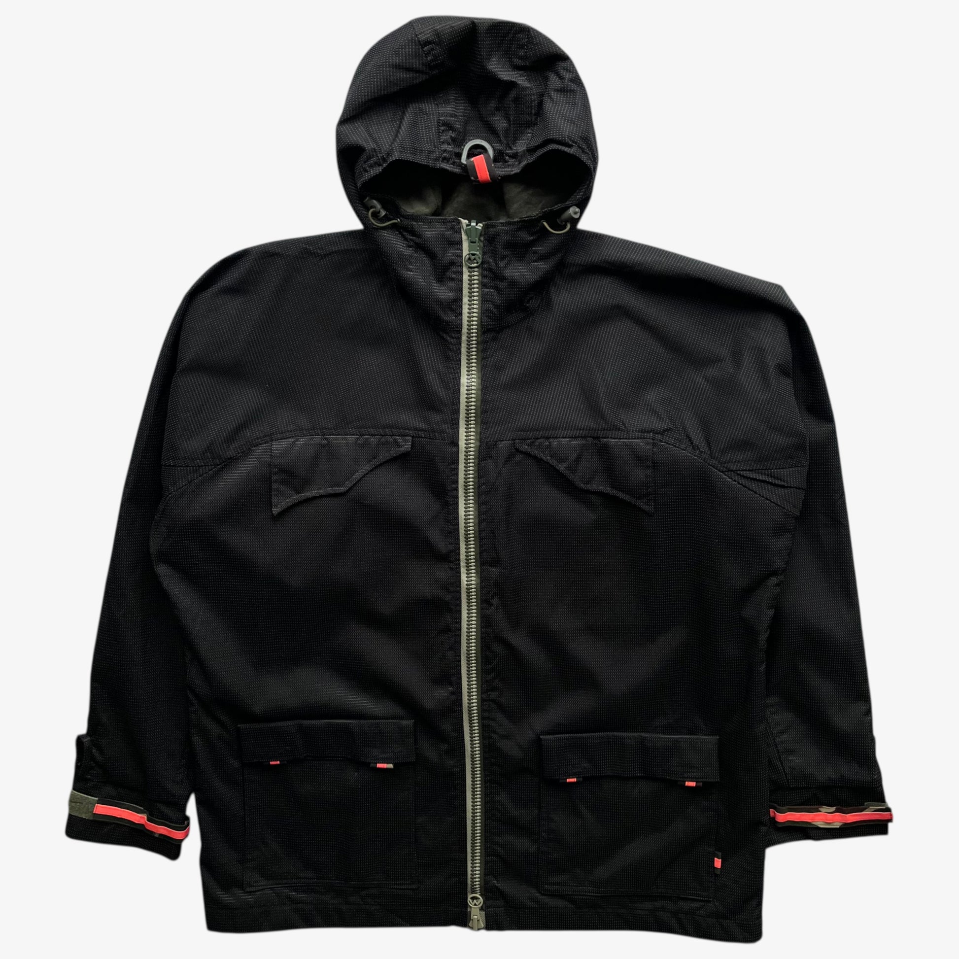 Vintage 90s men's Maharishi 3M Scotchlite reflective utility jacket on a white background.