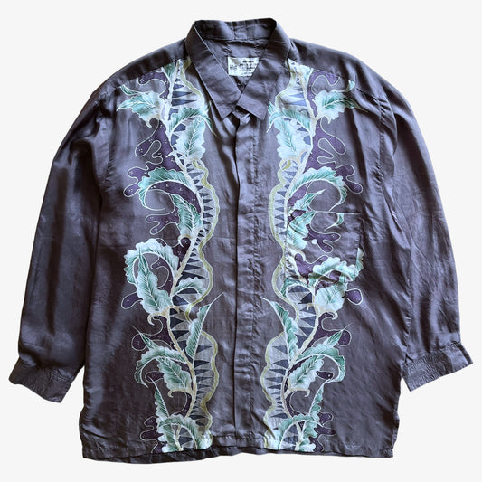 Vintage 90s Mens Malaysia East Coast Floral Batik Long Sleeve Purple Silk Shirt - Casspios Dream