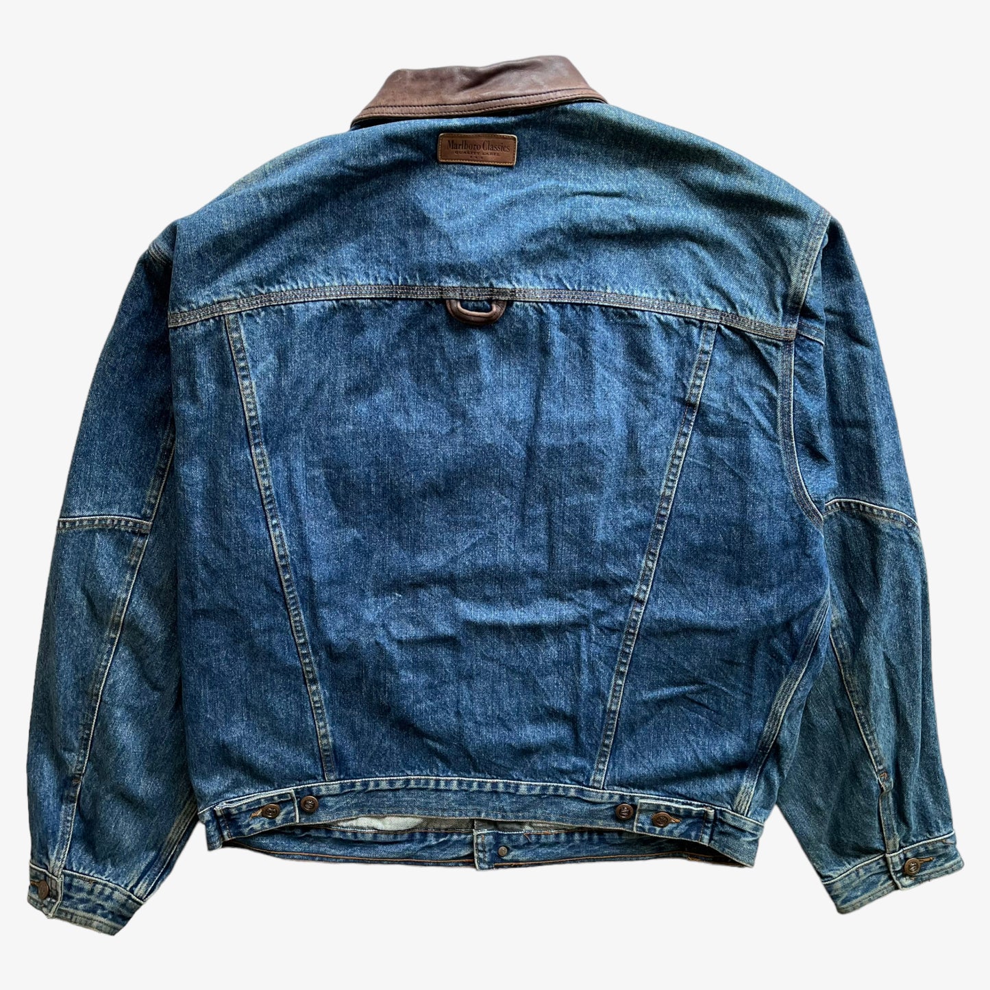 Vintage 90s Mens Marlboro Classics Blue Denim Jacket With Brown Leather Collar Back - Casspios Dream