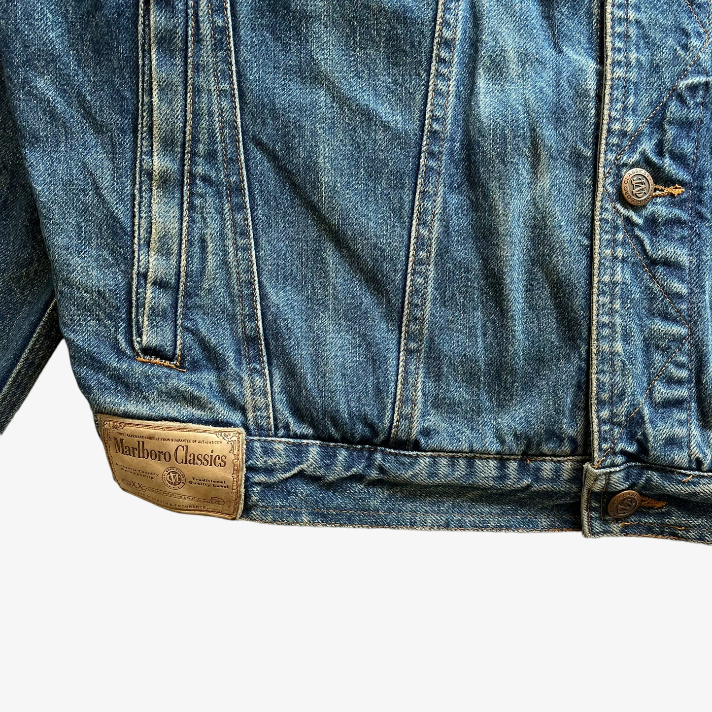 Vintage 90s Mens Marlboro Classics Blue Denim Jacket With Brown Leather Collar Brand Tag - Casspios Dream