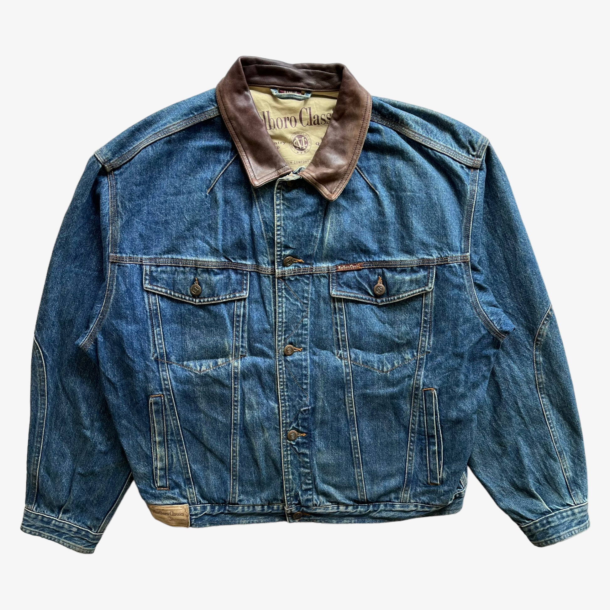 Vintage 90s Mens Marlboro Classics Blue Denim Jacket With Brown Leather Collar - Casspios Dream