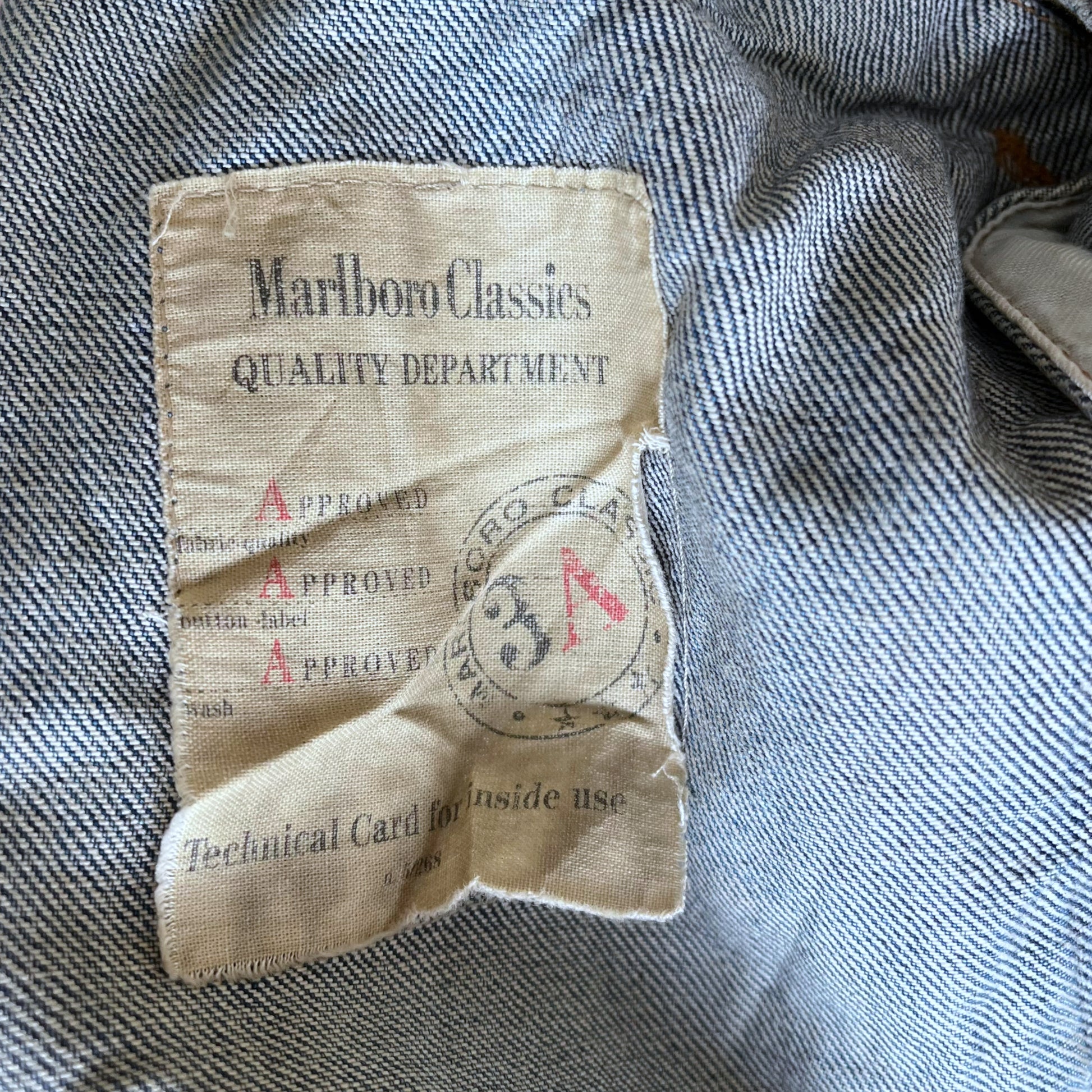 Vintage 90s Mens Marlboro Classics Blue Denim Jacket With Brown Leather Collar Inside Label - Casspios Dream
