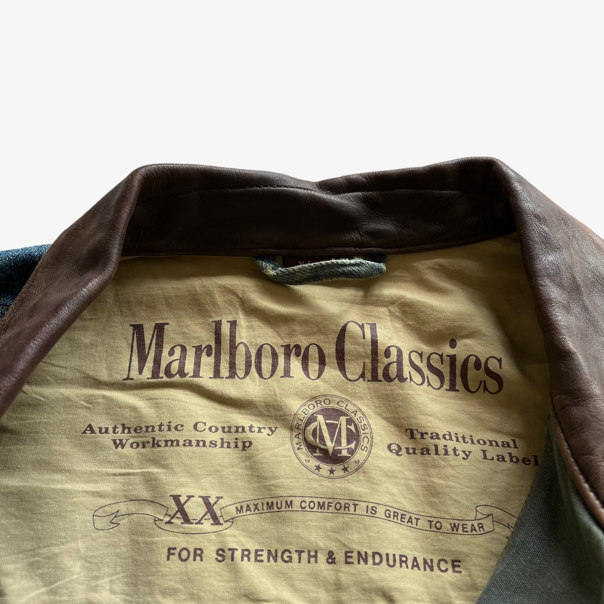 Vintage 90s Mens Marlboro Classics Blue Denim Jacket With Brown Leather Collar Label - Casspios Dream