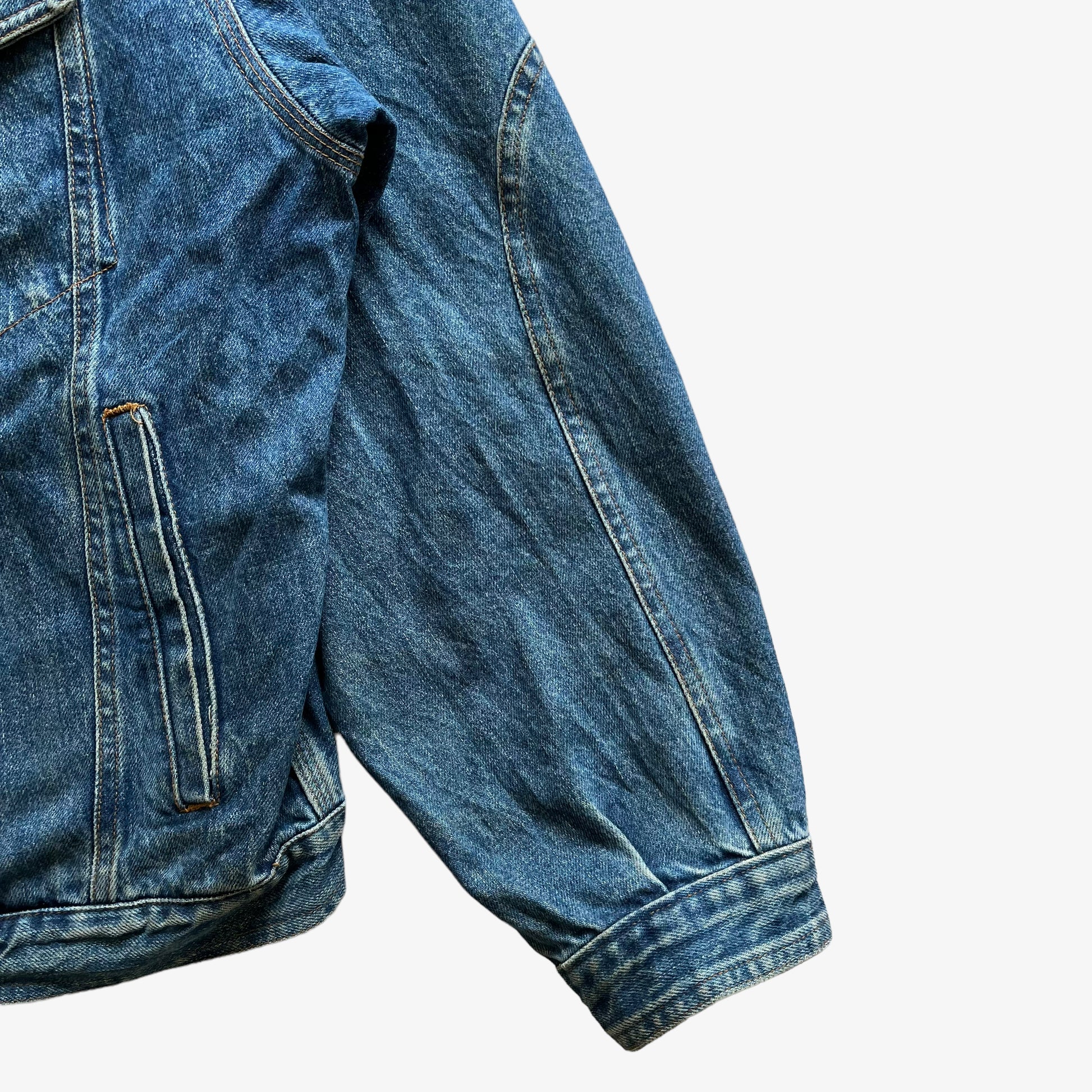 Vintage 90s Mens Marlboro Classics Blue Denim Jacket With Brown Leather Collar Sleeve - Casspios Dream
