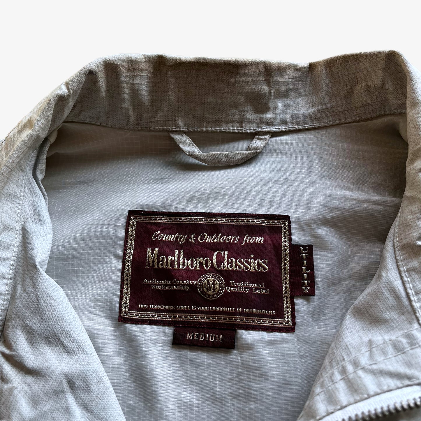 Vintage 90s Mens Marlboro Classics White Utility Jacket Label - Casspios Dream