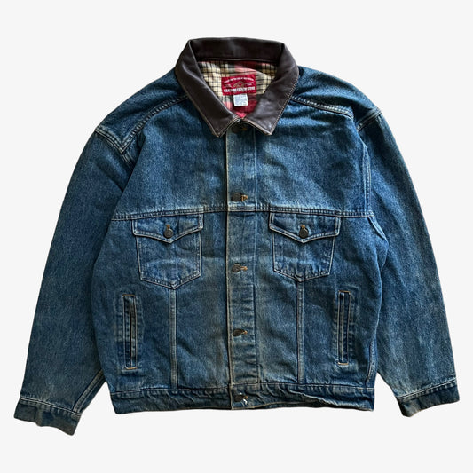 Vintage 90s Mens Marlboro Country Store Blue Denim Jacket With Brown Leather Collar - Casspios Dream