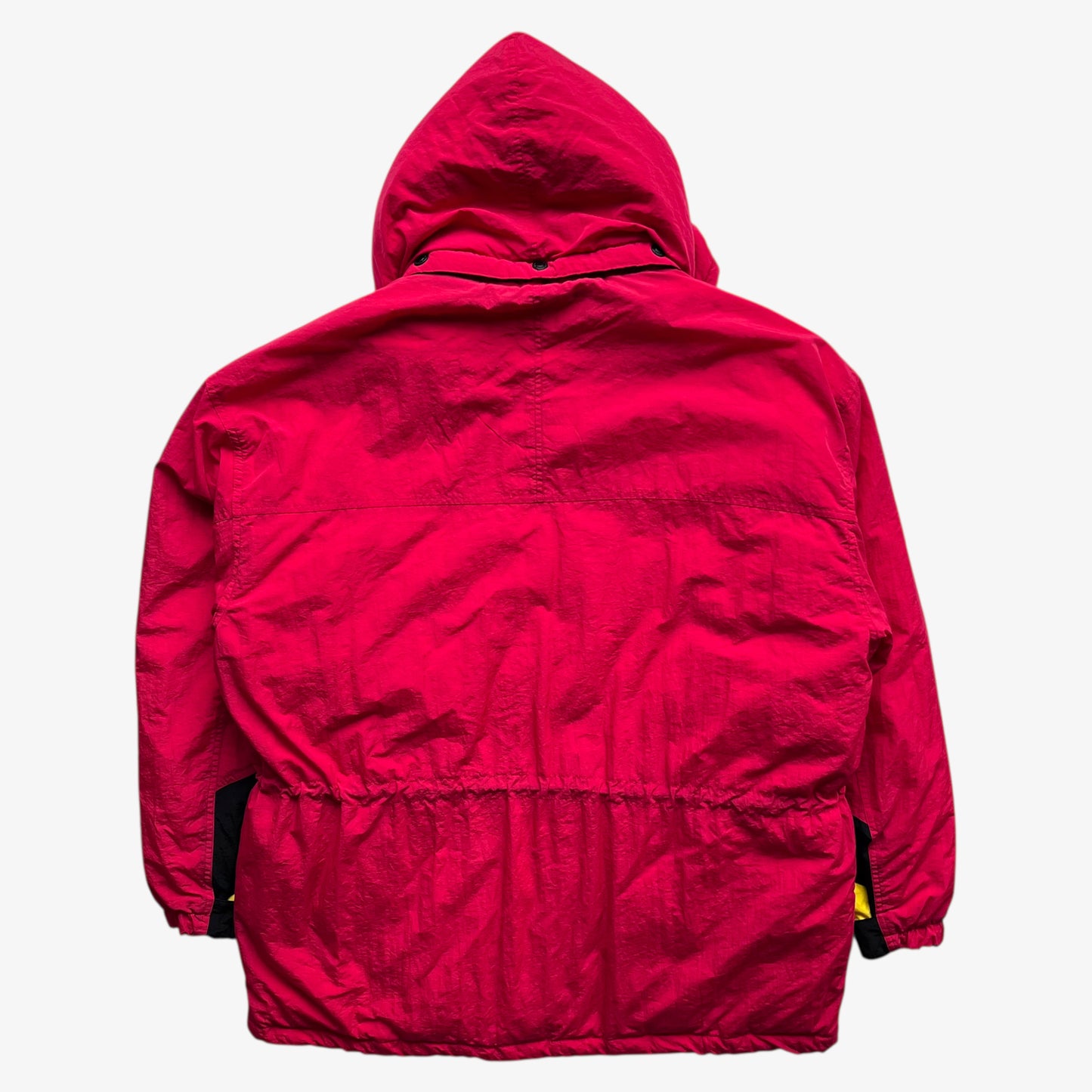 Back of men's vintage 90s Marlboro country store hooded red puffer jacket.