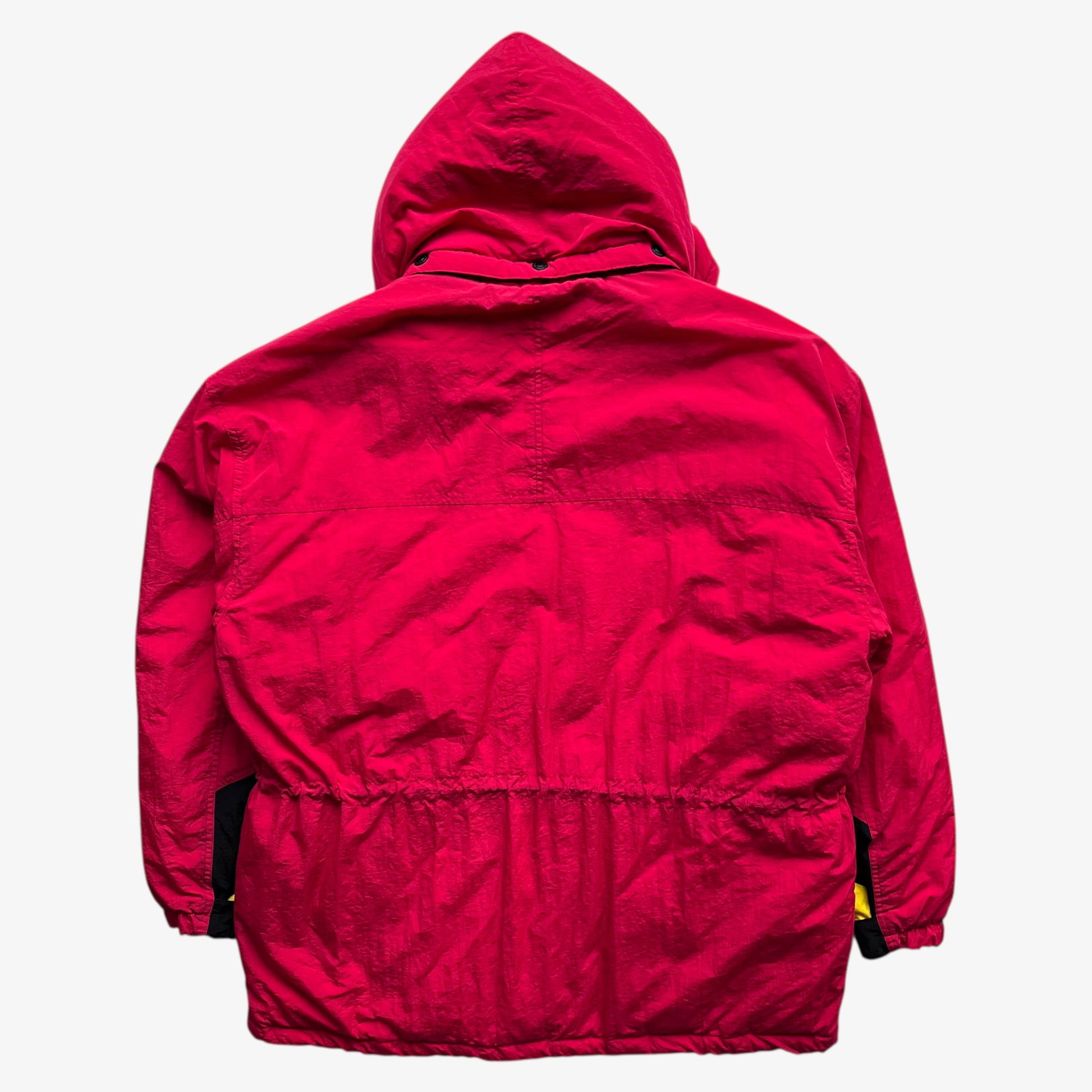 Back of men's vintage 90s Marlboro country store hooded red puffer jacket.