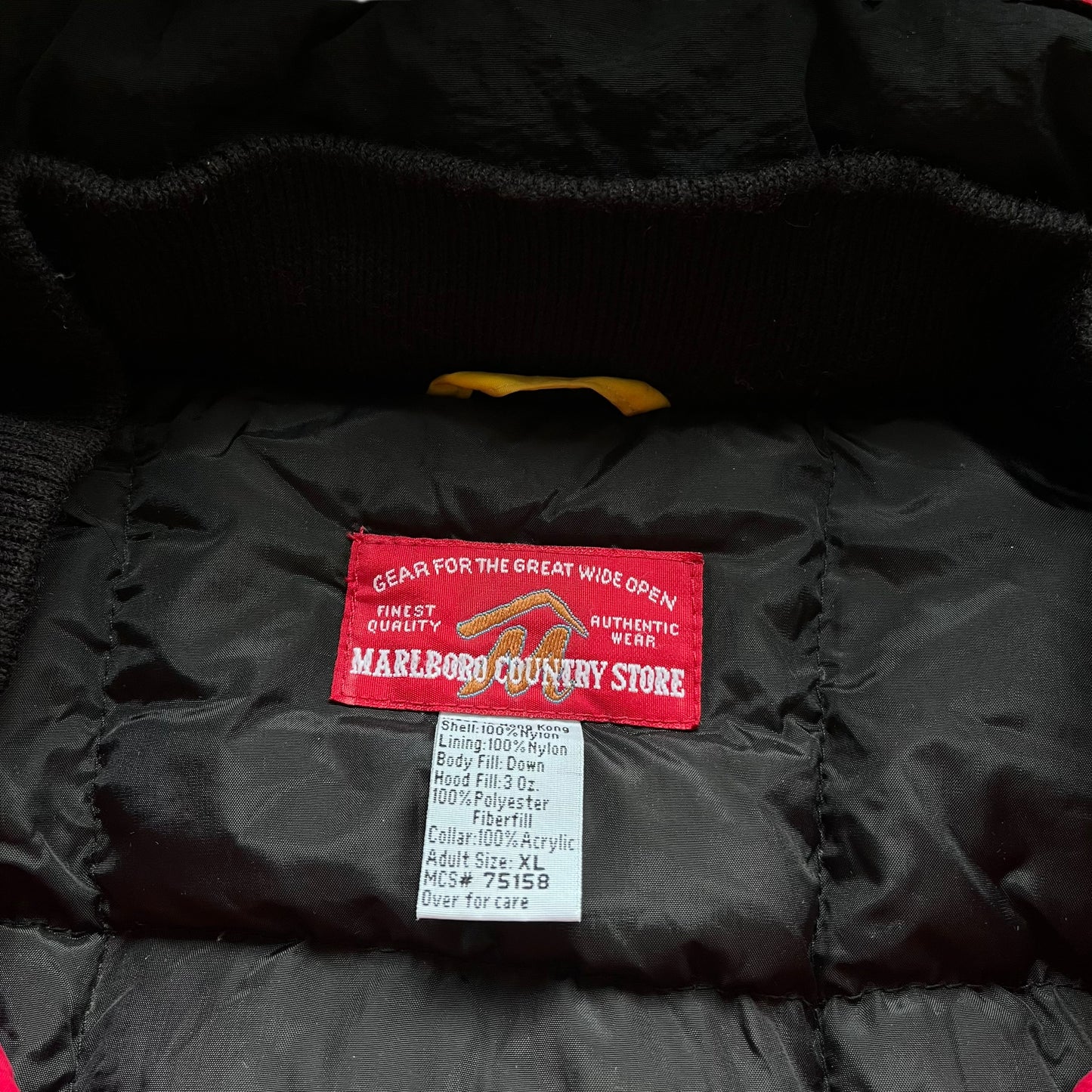 Marlboro country store label stitched inside of men's vintage 90s Marlboro country store hooded red puffer jacket.