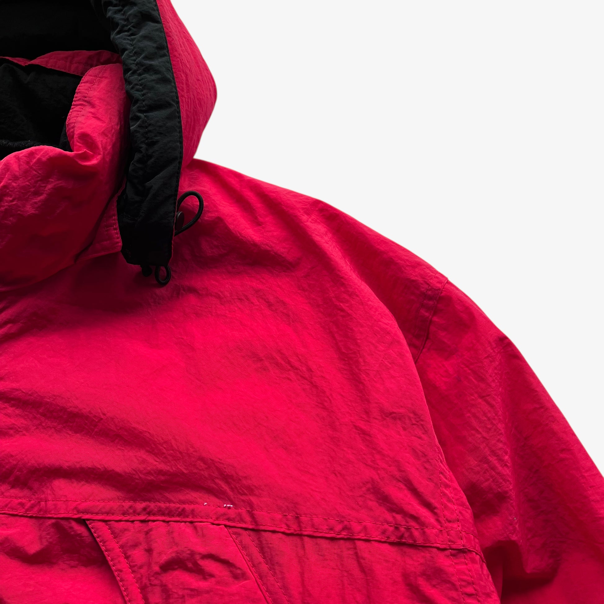 Patina of men's vintage 90s Marlboro country store hooded red puffer jacket.