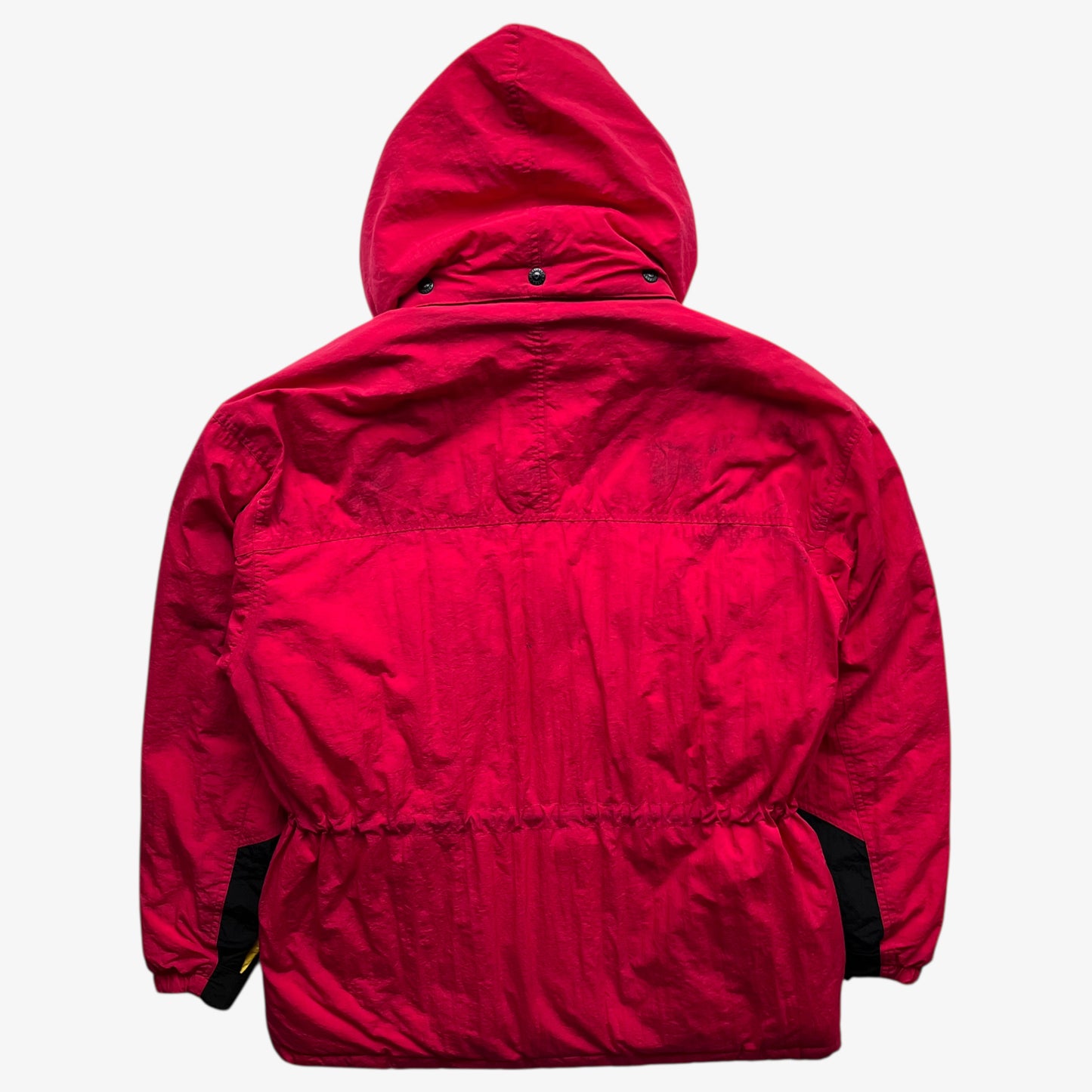 Back of vintage 90s men's Marlboro country store red hooded puffer jacket.