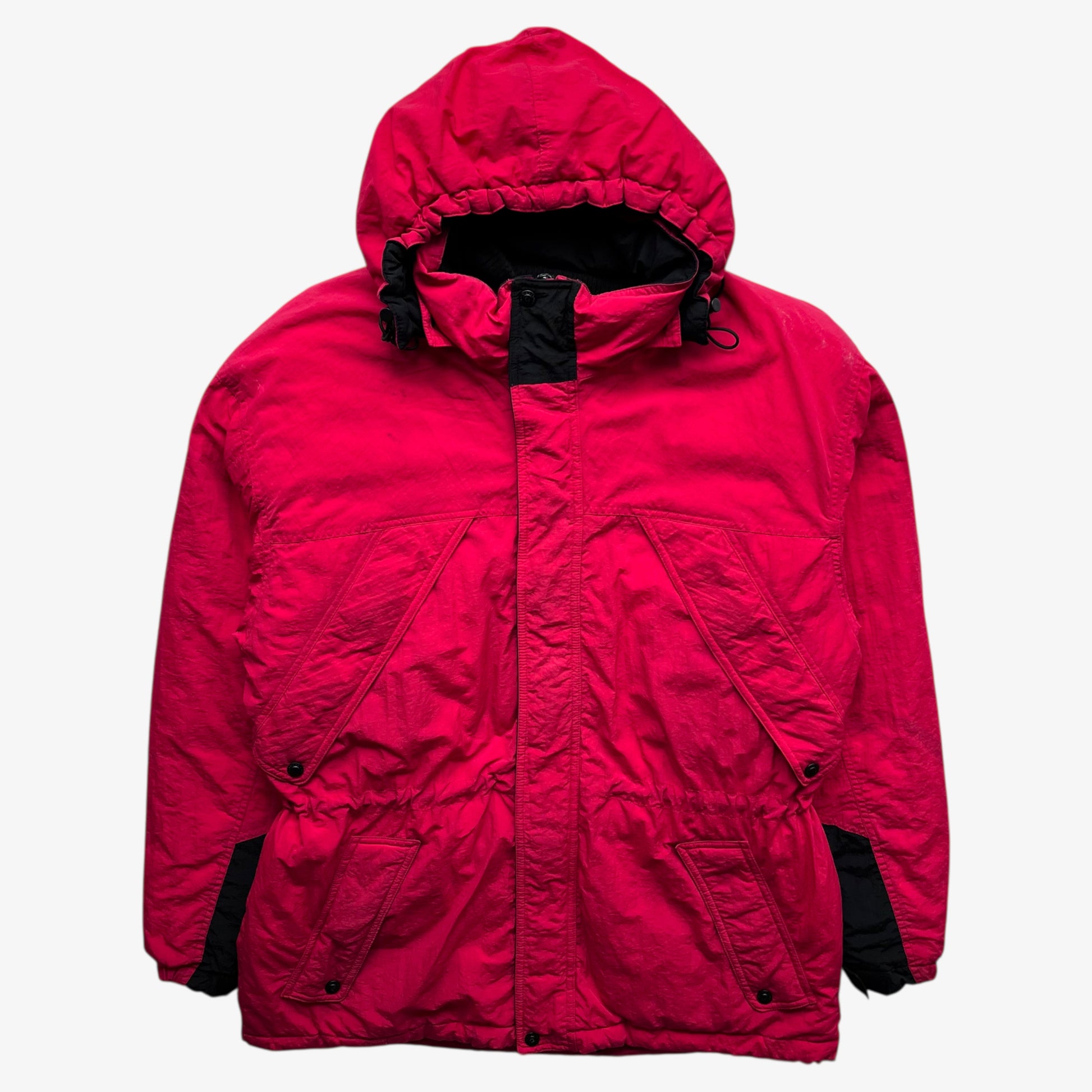 Vintage 90s men's Marlboro country store red hooded puffer jacket.