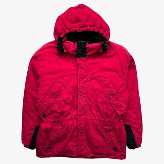 Vintage 90s men's Marlboro country store red hooded puffer jacket.
