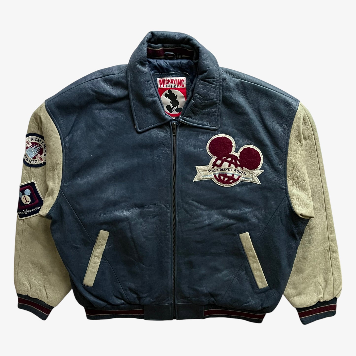 Vintage 90s Mens Mickey Inc Walt Disney World Reunion 25th Anniversary Navy Leather Varsity Jacket - Casspios Dream