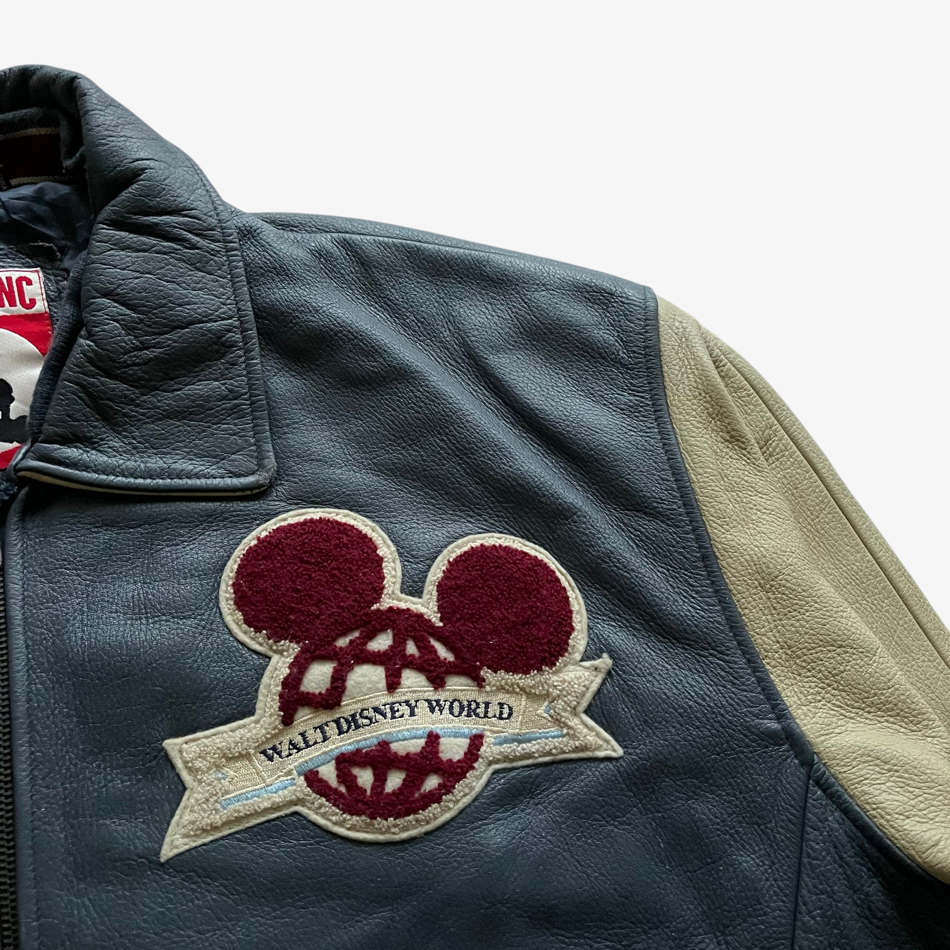 Vintage 90s Mens Mickey Inc Walt Disney World Reunion 25th Anniversary Navy Leather Varsity Jacket Logo - Casspios Dream