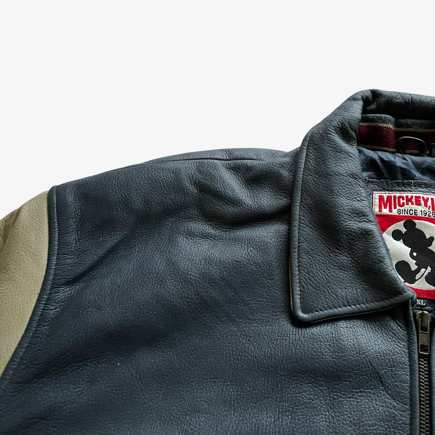 Vintage 90s Mens Mickey Inc Walt Disney World Reunion 25th Anniversary Navy Leather Varsity Jacket Shoulder - Casspios Dream