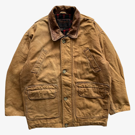 Vintage 90s Mens Milagosta Super Edition Brown Workwear Jacket With Leather Collar - Casspios Dream