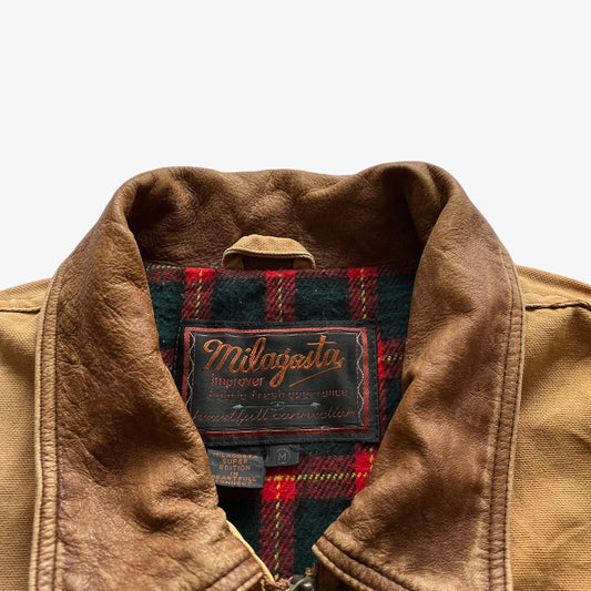 Vintage 90s Mens Milagosta Super Edition Brown Workwear Jacket With Leather Collar Label - Casspios Dream