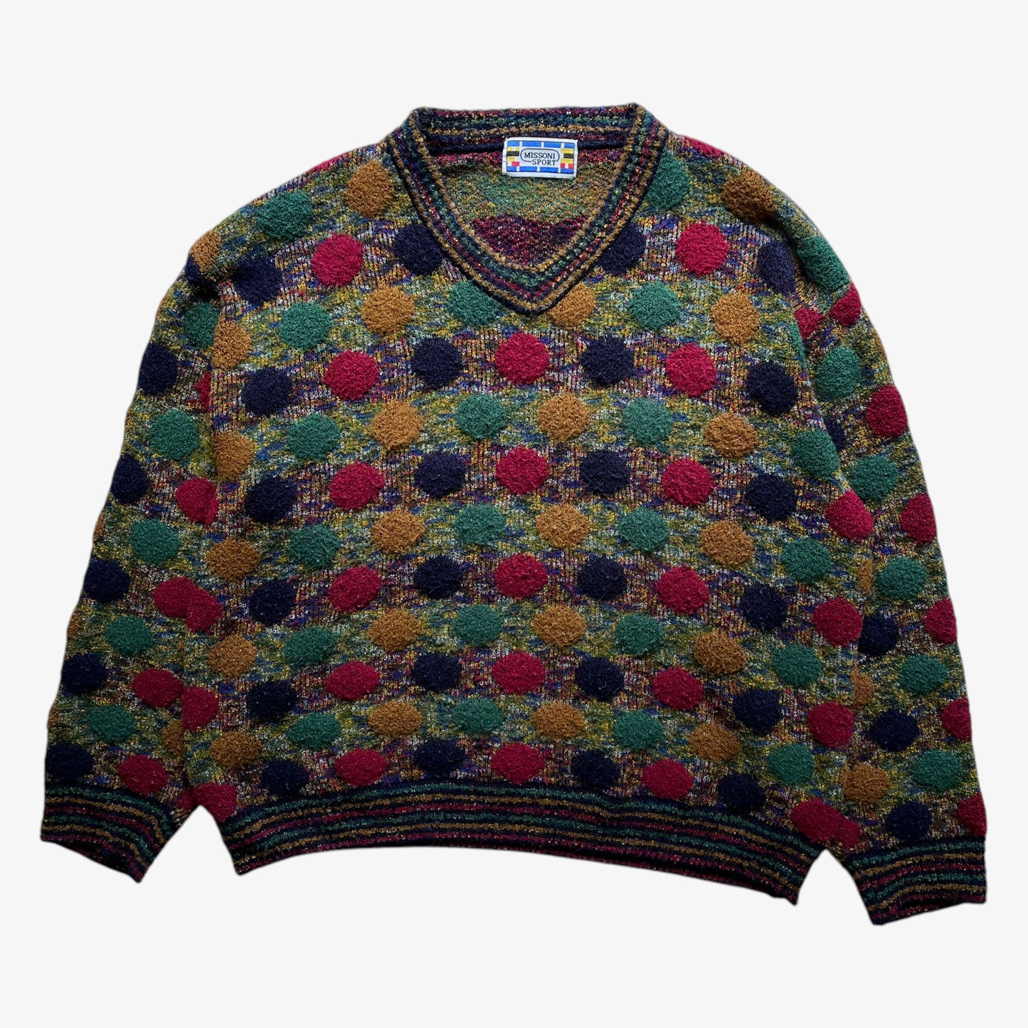 Vintage 90s Mens Missoni Sport Colourful Textured Polka Dot V-Neck Jumper - Casspios Dream