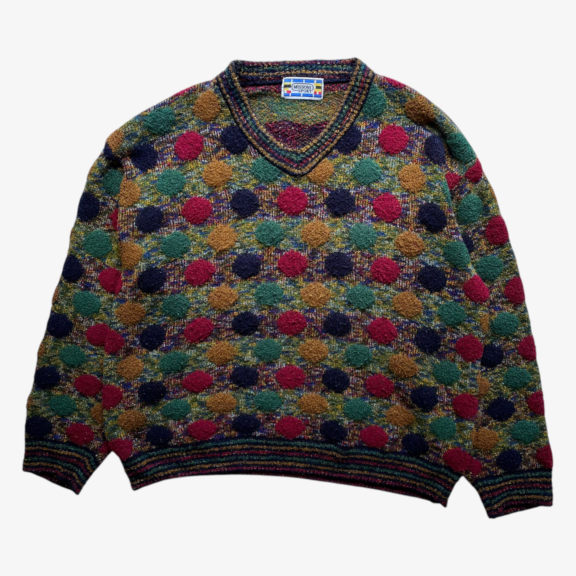 Vintage 90s Mens Missoni Sport Colourful Textured Polka Dot V-Neck Jumper - Casspios Dream
