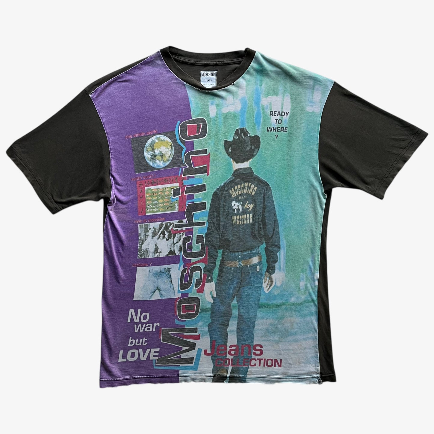 Men's vintage 90s Moschino Jeans no war but love cowboy print t-shirt.