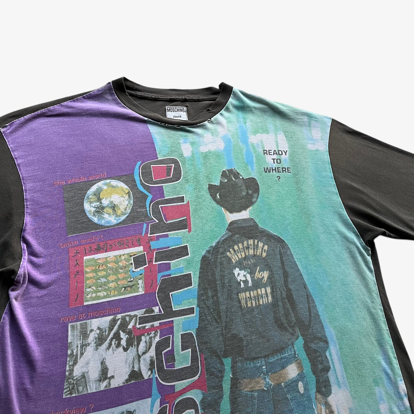 Western graphic of men's vintage 90s Moschino Jeans no war but love cowboy print t-shirt.