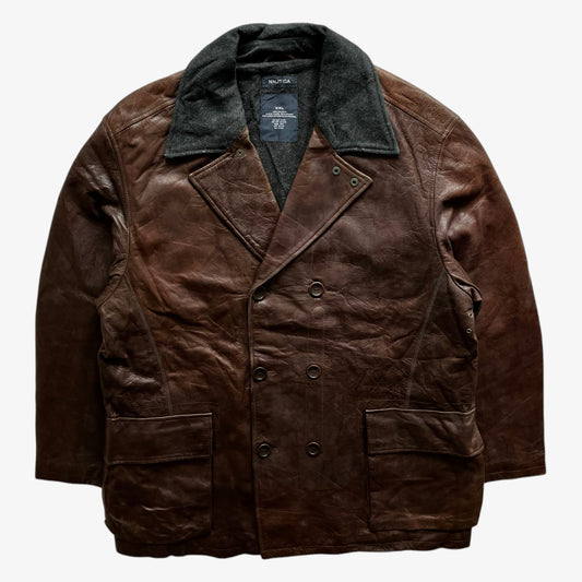 Vintage 90s Mens Nautica Double Breasted Brown Leather Jacket - Casspios Dream