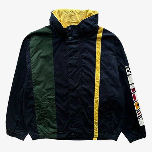Vintage 90s Mens Nautica Navy Green And Yellow Striped Sailing Jacket With Foldable Hood - Casspios Dream