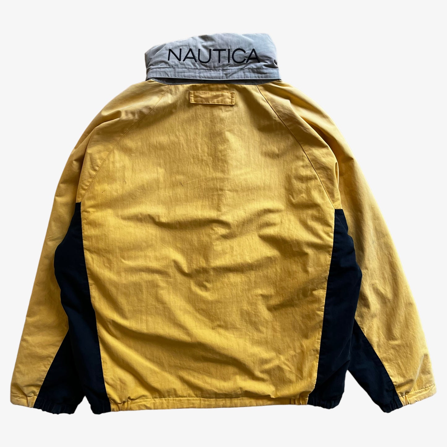 Vintage 90s Mens Nautica Reversible Yellow Sailing And Navy Striped Fleece Jacket Back - Casspios Dream