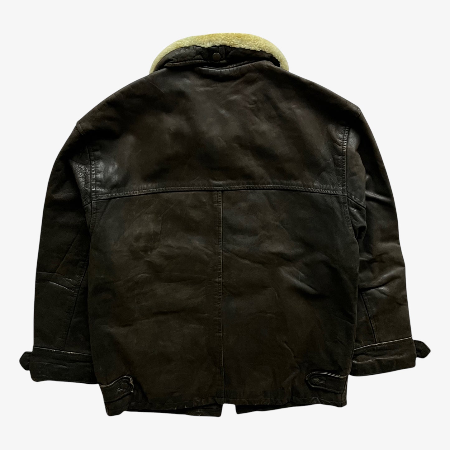 Vintage 90s Mens Pall Mall Dark Brown Leather Pilot Jacket With Faux Fur Collar Back - Casspios Dream