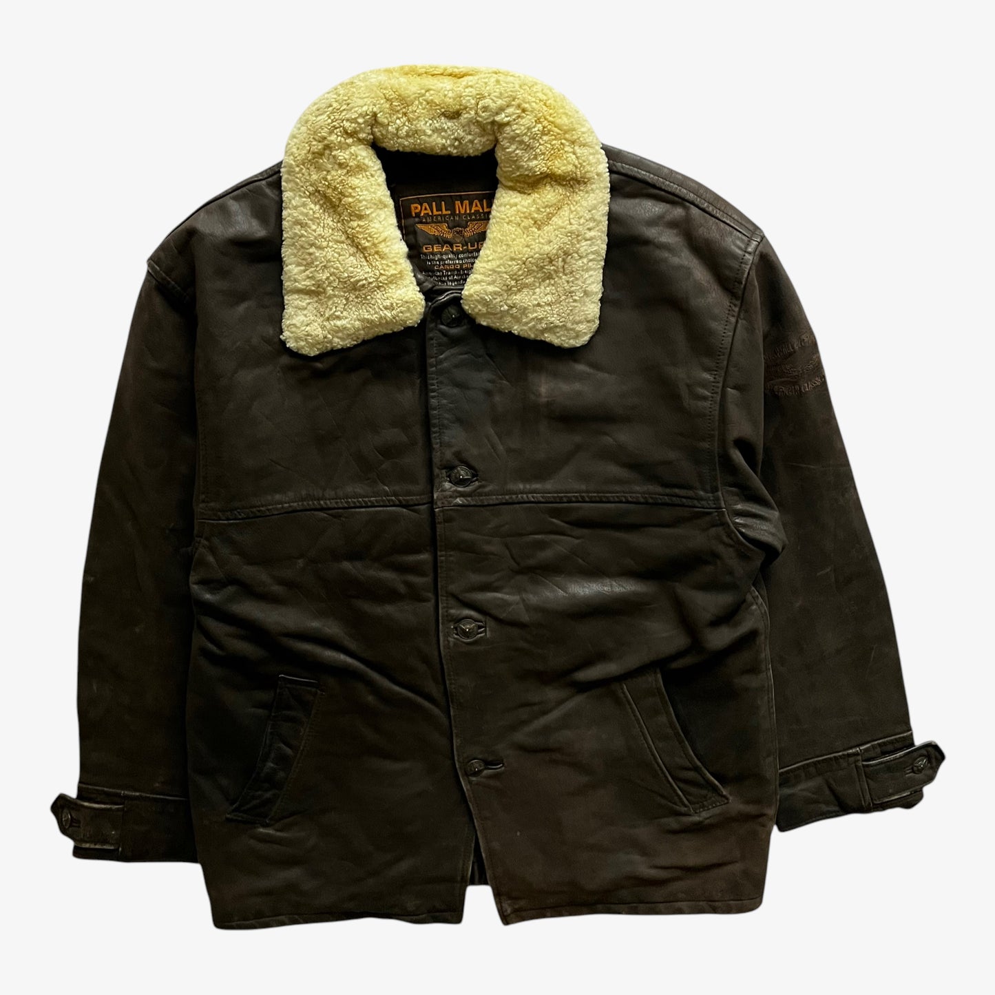 Vintage 90s Mens Pall Mall Dark Brown Leather Pilot Jacket With Faux Fur Collar - Casspios Dream