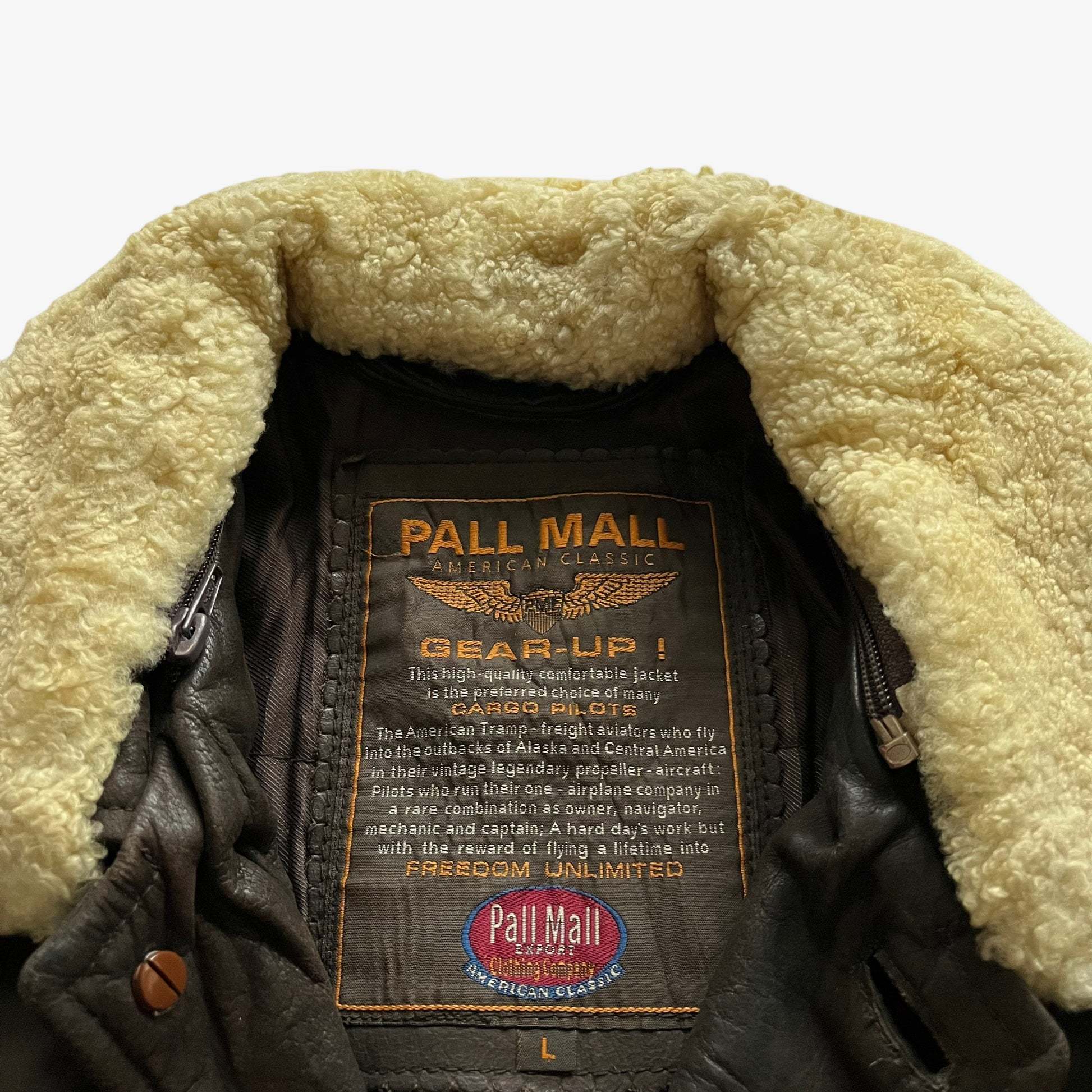 Vintage 90s Mens Pall Mall Dark Brown Leather Pilot Jacket With Faux Fur Collar Label - Casspios Dream