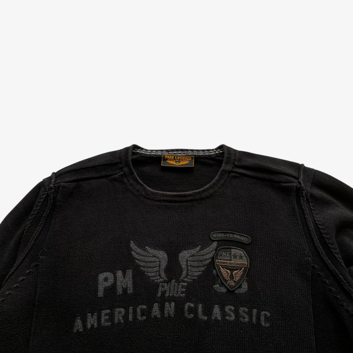 American classic embroidered spell out on vintage 90s men's Pall Mall PME legend black knitted jumper.
