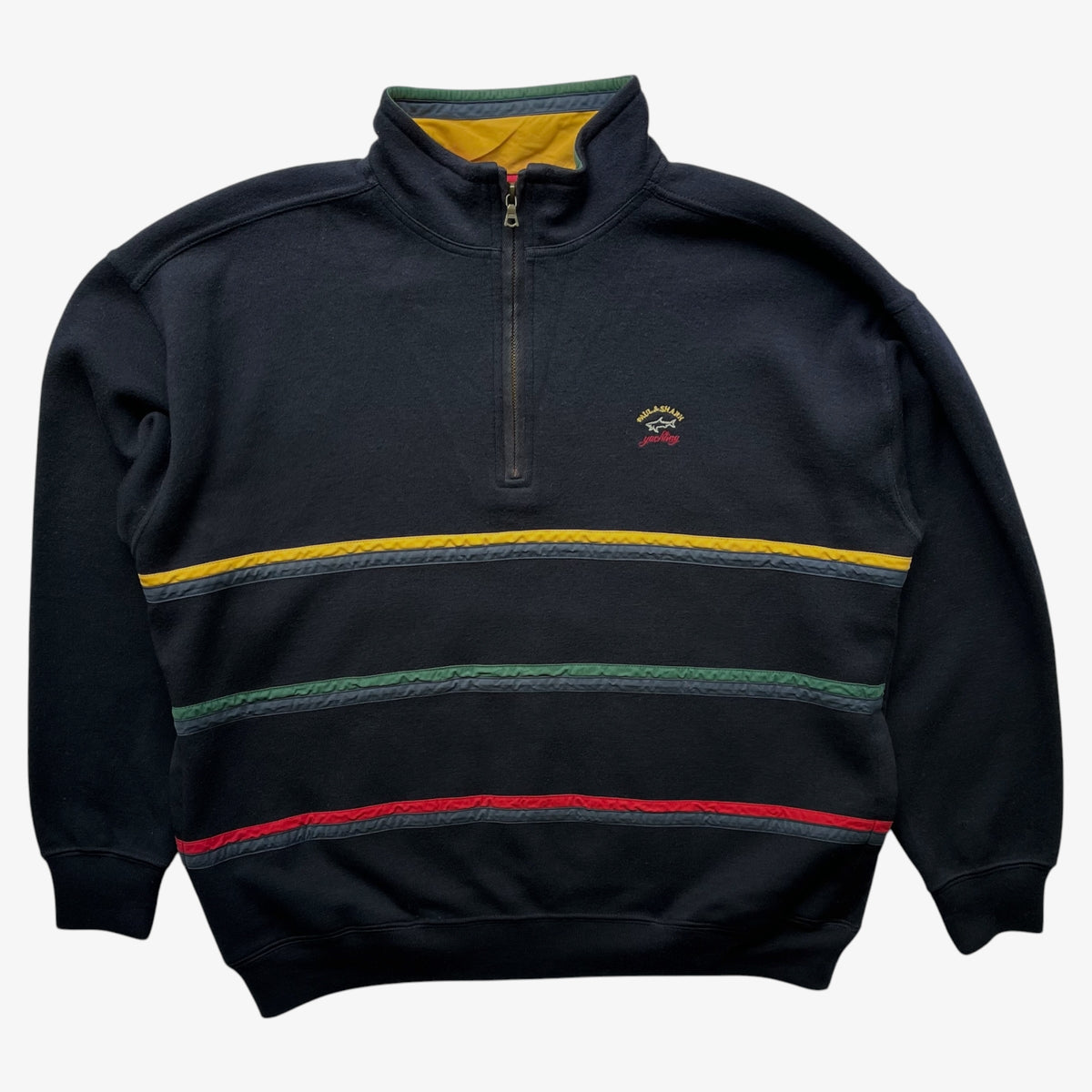 A Paul and Shark navy quarter-zip wool fleece with horizontal stripes in yellow, green, and red across the chest, featuring a small embroidered logo on the left chest.