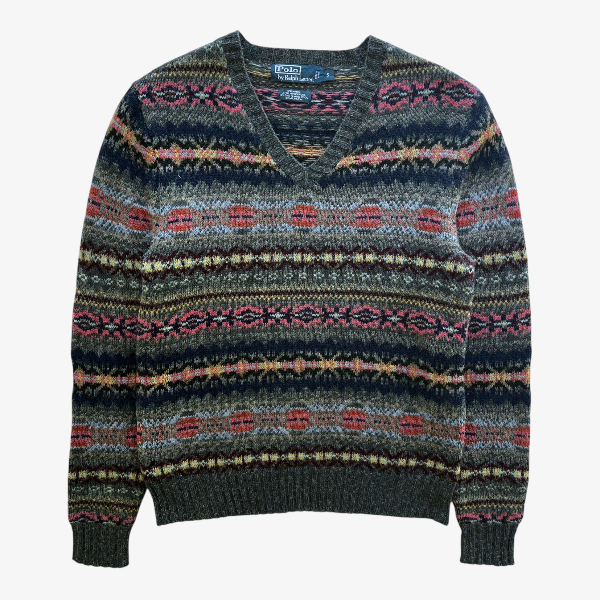 Vintage 90s Mens Polo Ralph Lauren Fair Isle Shetland Wool And Alpaca Blend V-Neck Jumper - Casspios Dream