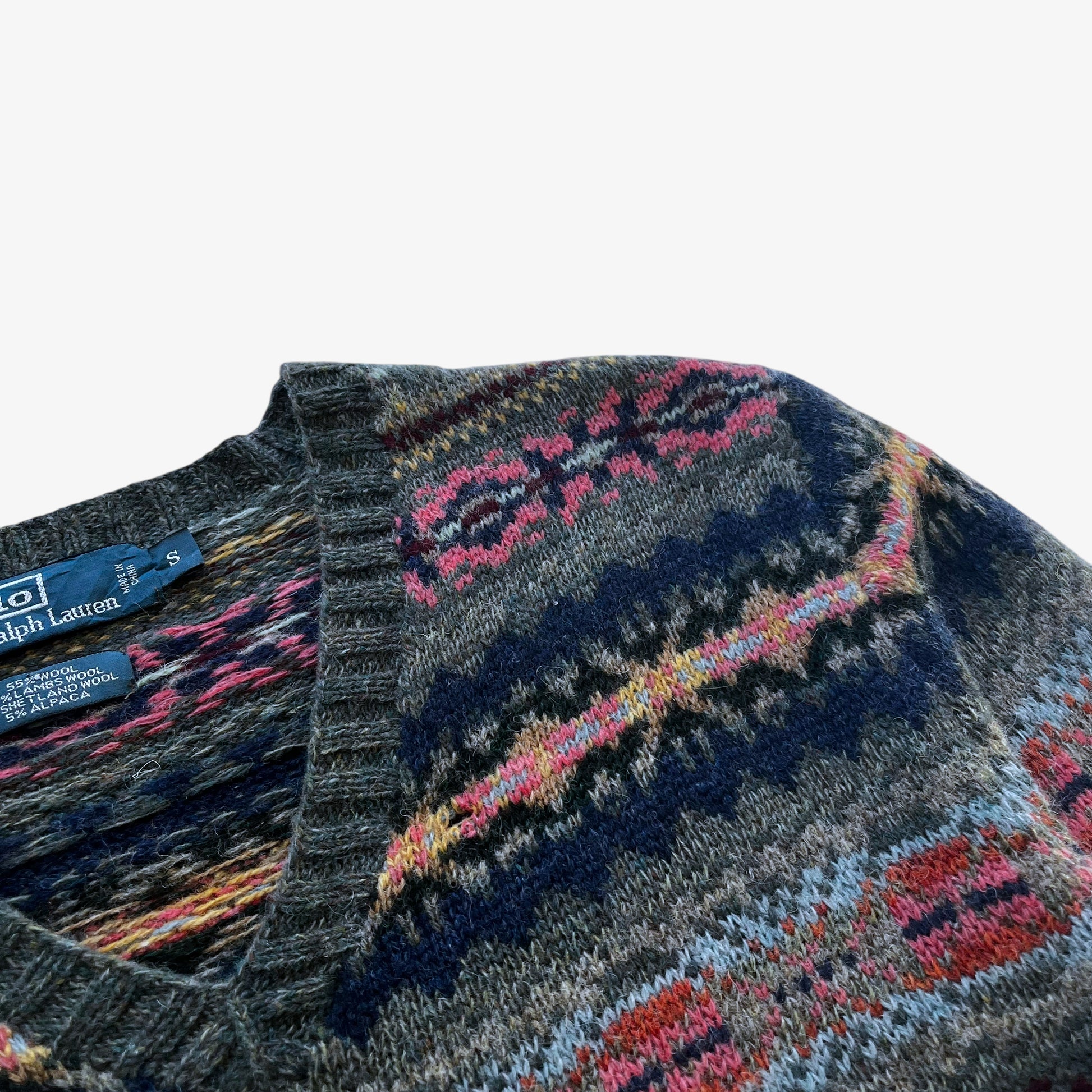 Vintage 90s Mens Polo Ralph Lauren Fair Isle Shetland Wool And Alpaca Blend V-Neck Jumper Pattern - Casspios Dream