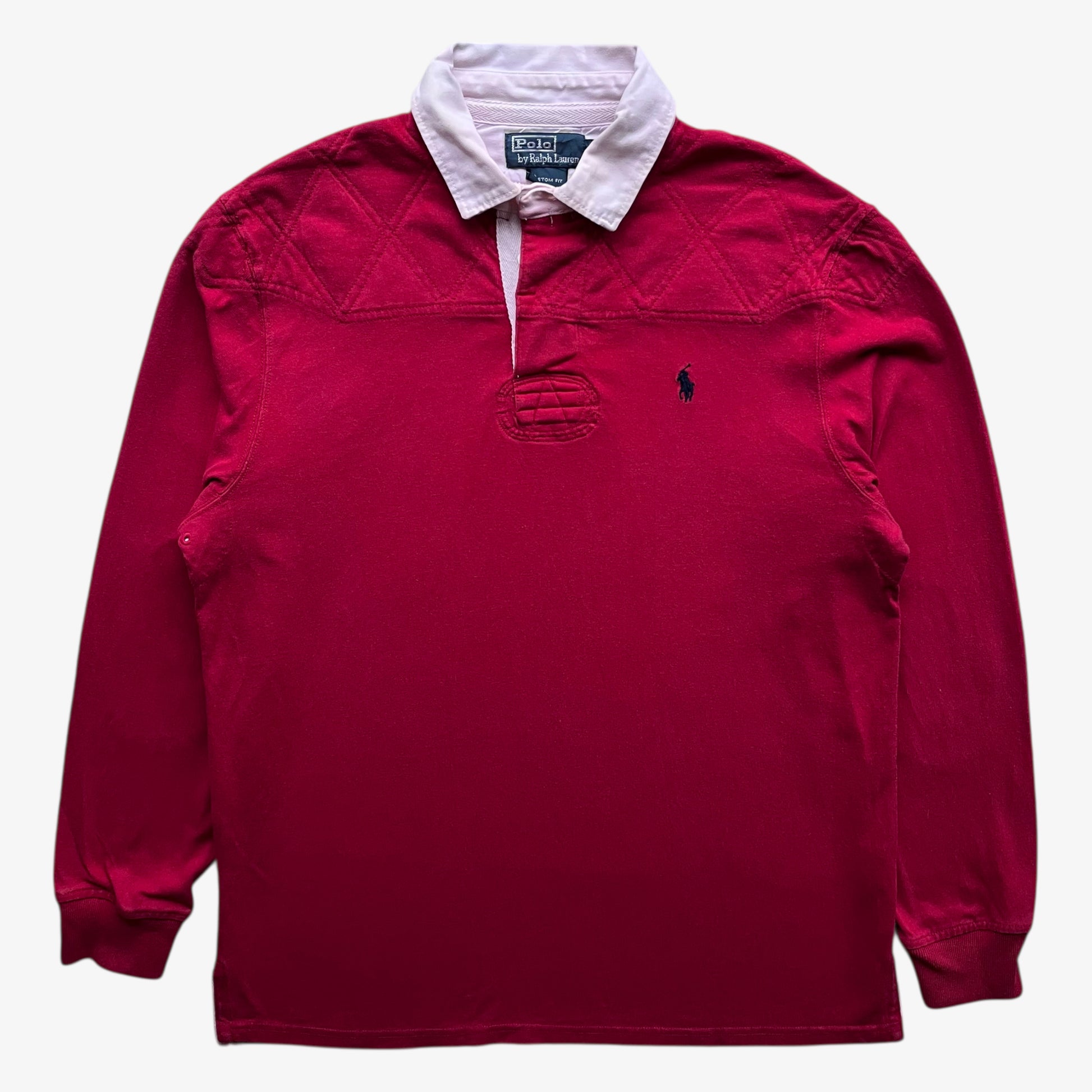 Vintage 90s men's Polo Ralph Lauren red rugby shirt with contrasting collar.