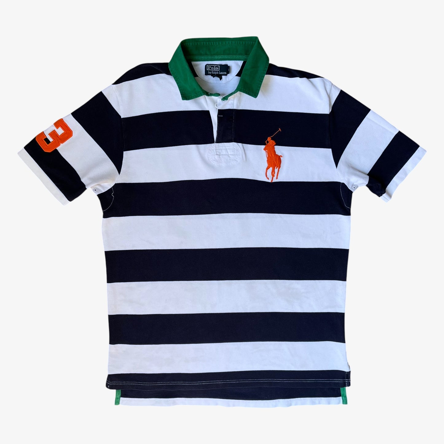 Vintage 90s men's Ralph Lauren navy and white striped polo shirt with a contrasting green collar.