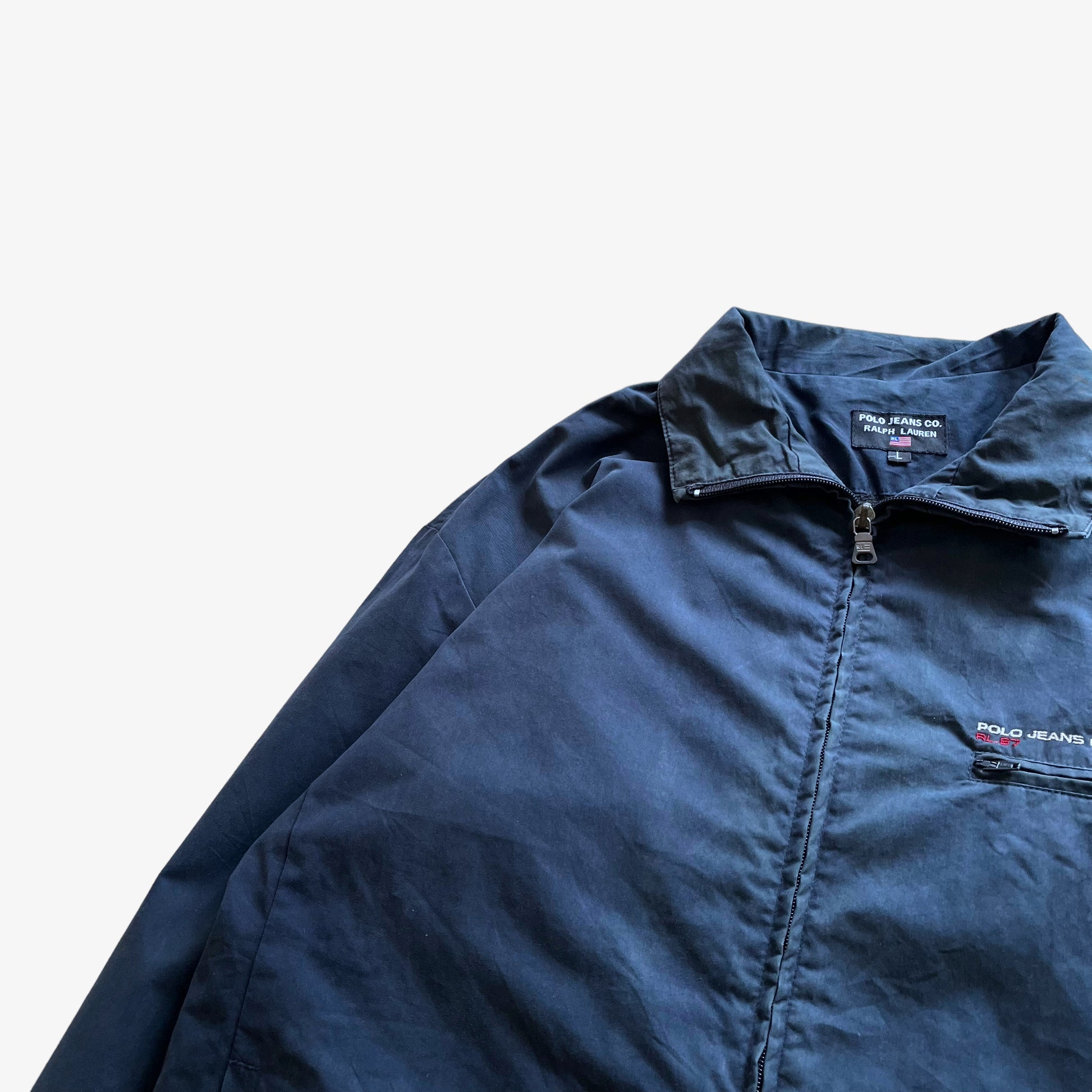 Vintage 90s Mens Ralph Lauren Polo Jeans Co RL67 Faded Navy Workwear Jacket Shoulder - Casspios Dream