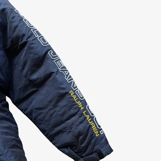 Vintage 90s Mens Ralph Lauren Polo Jeans RL 67 Faded Navy Puffer Jacket With Sleeve Spell Out Arm - Casspios Dream