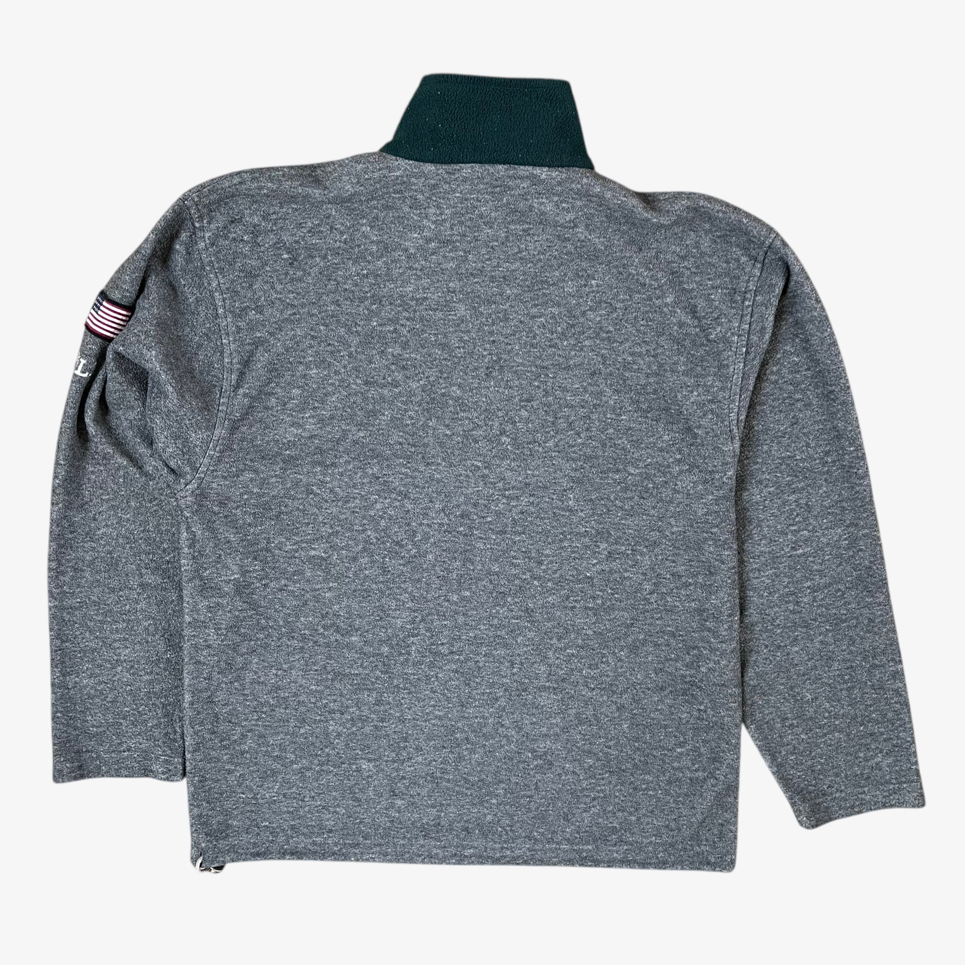 Ralph Lauren grey fleece jacket with a small flag patch on the sleeve, shown from the back on a white background.