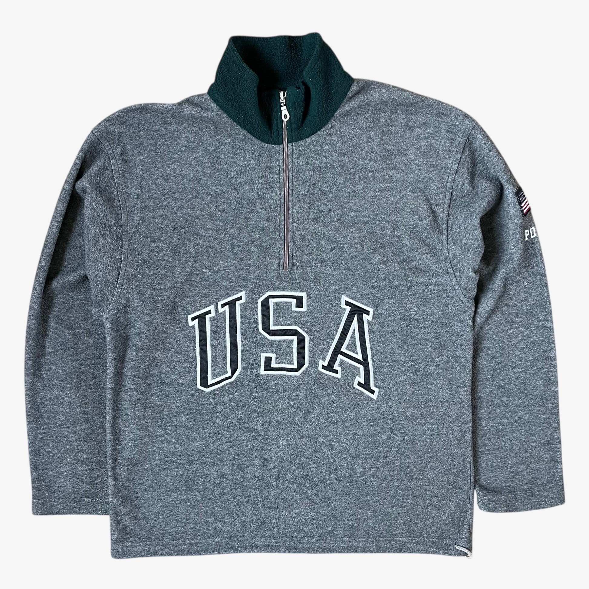 Ralph Lauren grey pullover with 'USA' text on a white background