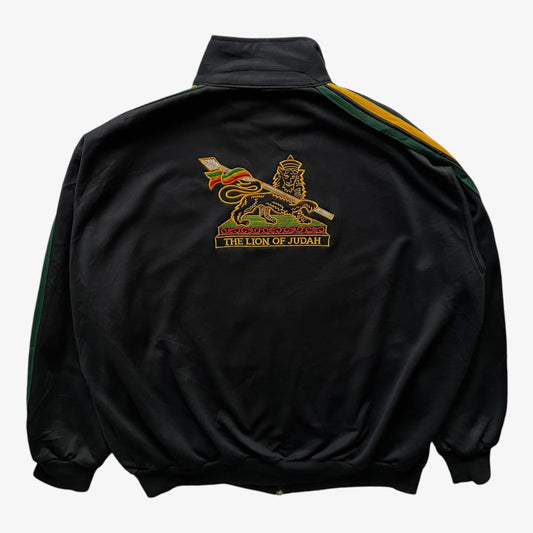 Vintage 90s Mens Rastafari The Lion Of Judah Black Track Jacket With Jamaica Flag Striped Sleeves Back - Casspios Dream