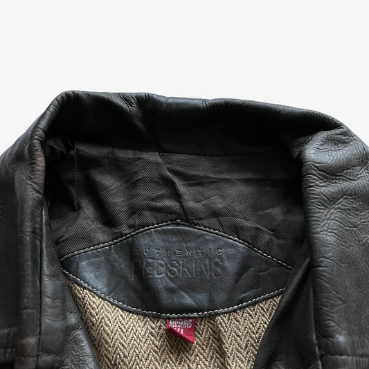 Vintage 90s Mens Redskins Dark Brown Leather Pilot Jacket Tweed Lining Embossed - Casspios Dream